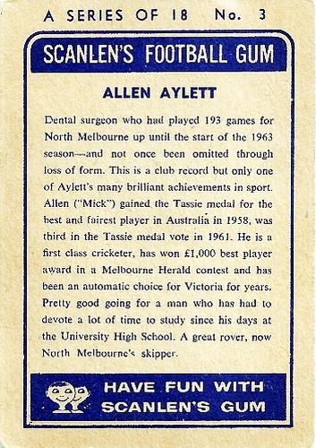 1963 Scanlens VFL #3 Allen Aylett Back